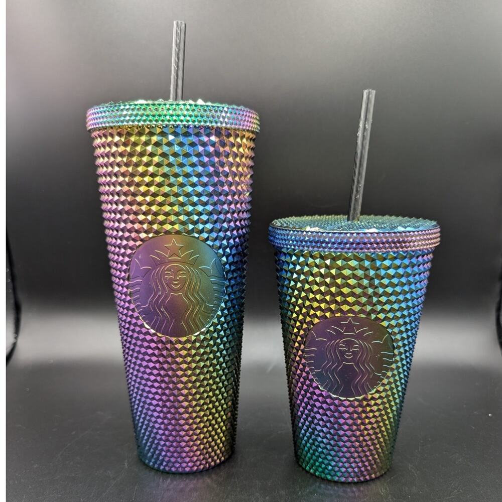 Pair 2 Starbucks Oil Slick Studded Rainbow Cups Straws 16 & 24 oz Cold Tumblers